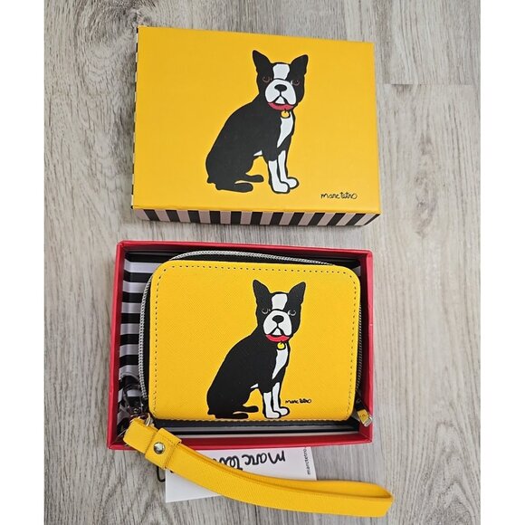 Marc Tetro Boston Terrier Saffiano Leather Wallet Wristlet Strap Yellow Zip NWT - Picture 1 of 7